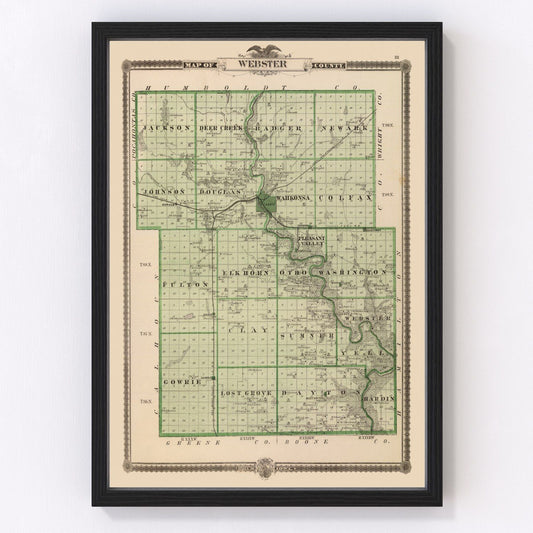 Vintage map of Webster County, Iowa 1875, Fort Dodge and Gowrie area