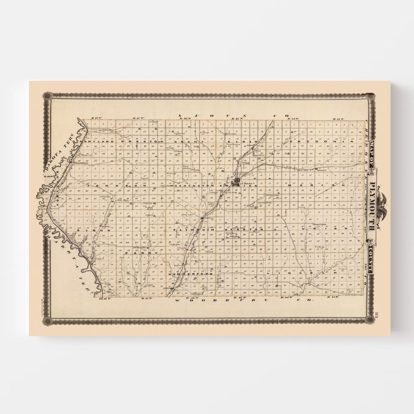 Vintage Map of Plymouth County, Iowa, 1875