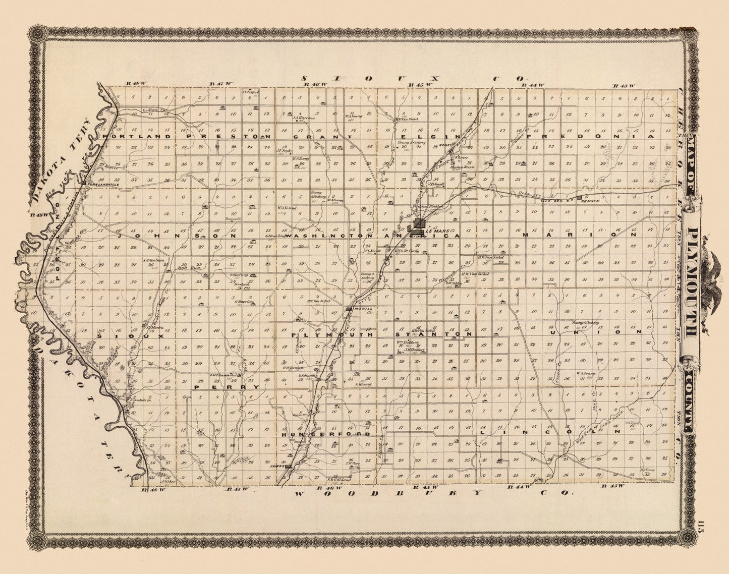 Vintage Map of Plymouth County, Iowa, 1875