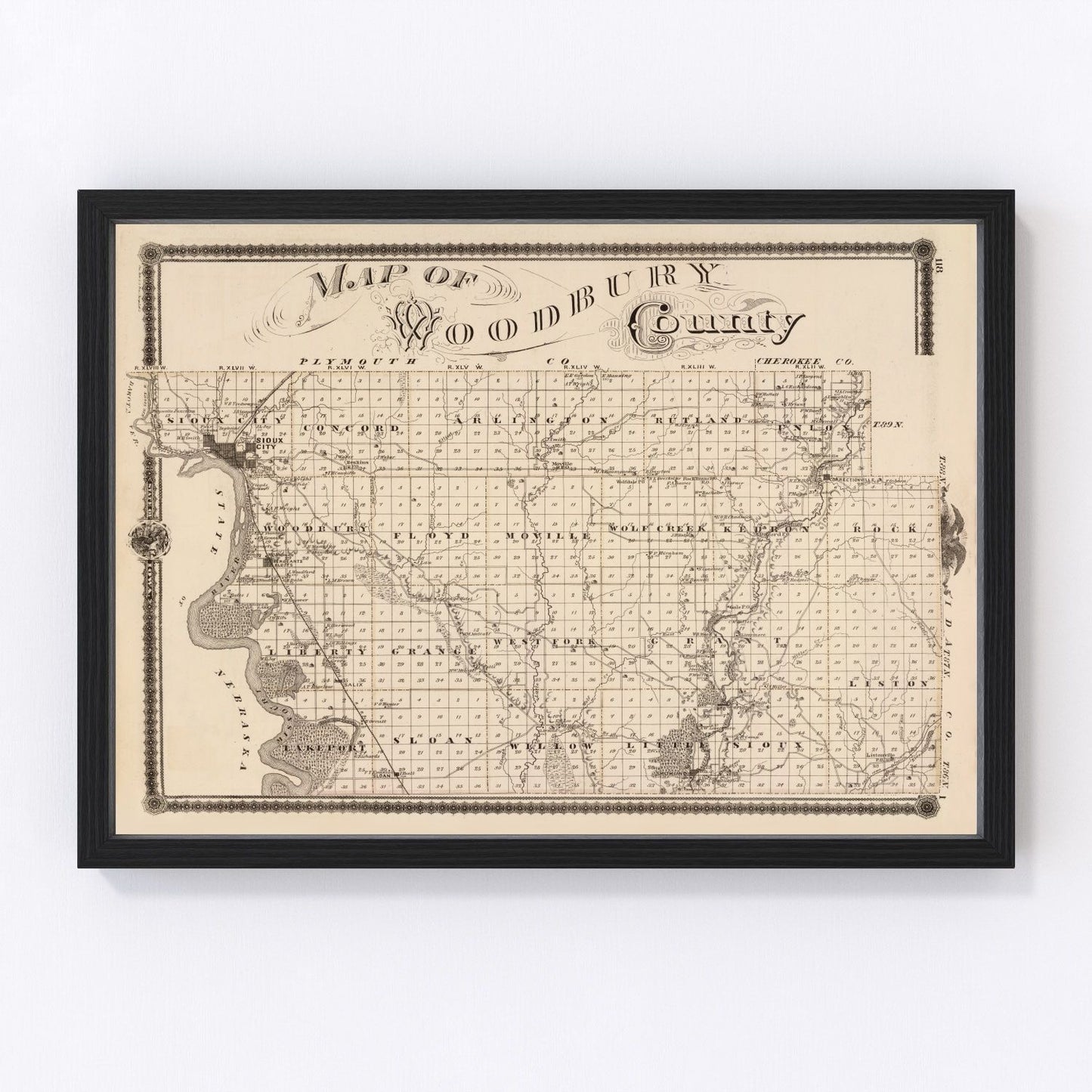 Vintage map of Woodbury County, Iowa, 1875, with Sioux City, restored wall art