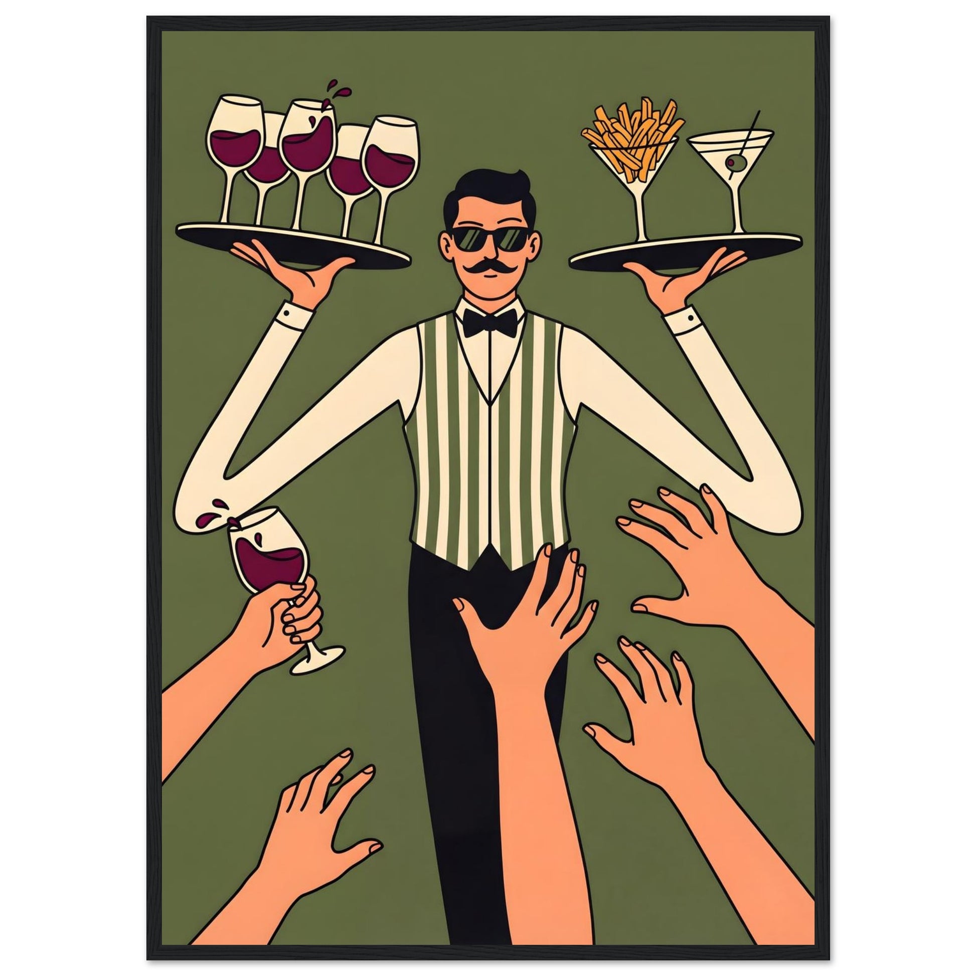 Retro Waiter Bar Art, Framed Server Wall Decor - 20x25 cm / 8x10″ - White frame / Ready-to-hang - Sparkycare