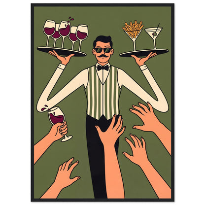 Retro Waiter Bar Art, Framed Server Wall Decor - 20x25 cm / 8x10″ - White frame / Ready-to-hang - Sparkycare