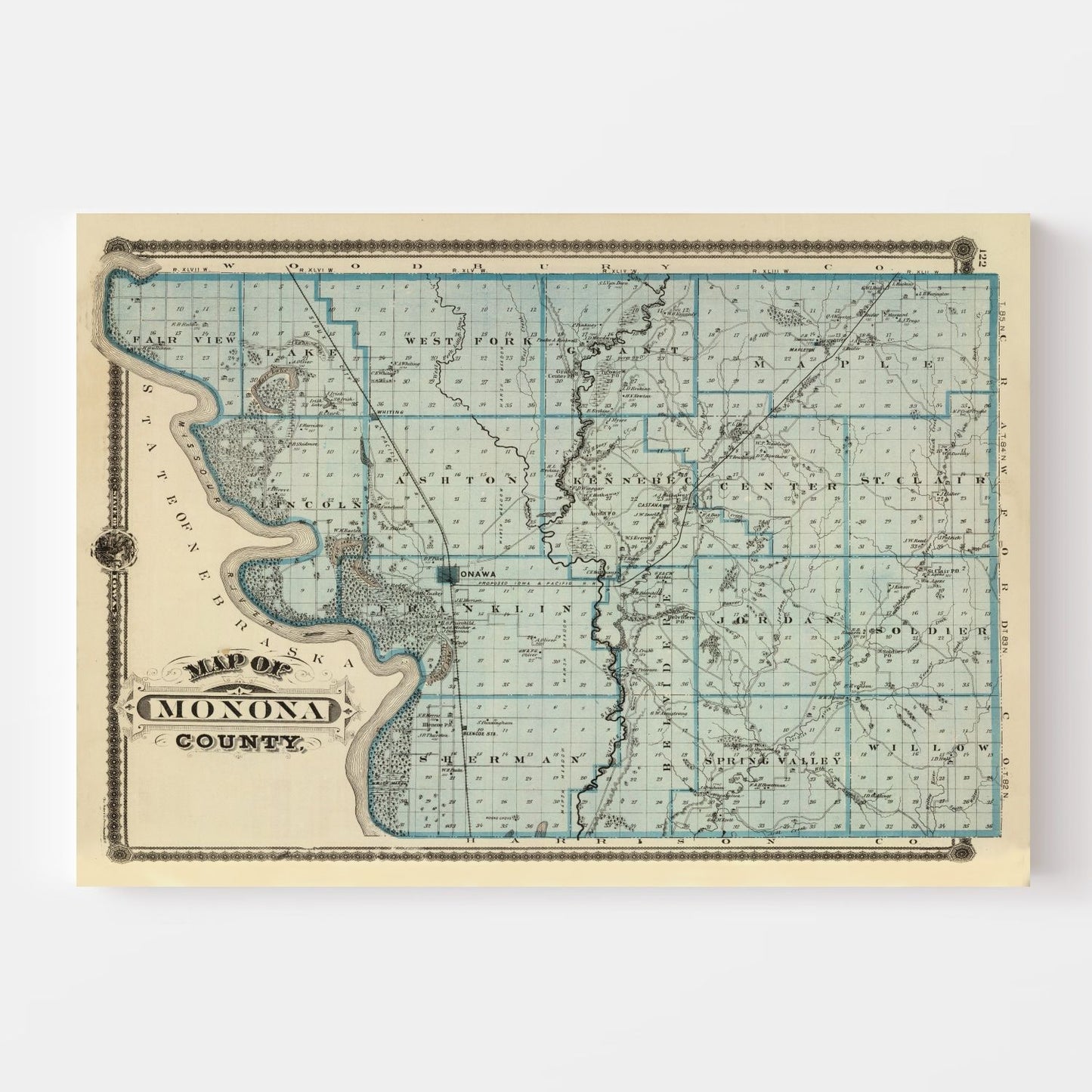 Vintage Map of Monona County, Iowa, 1875