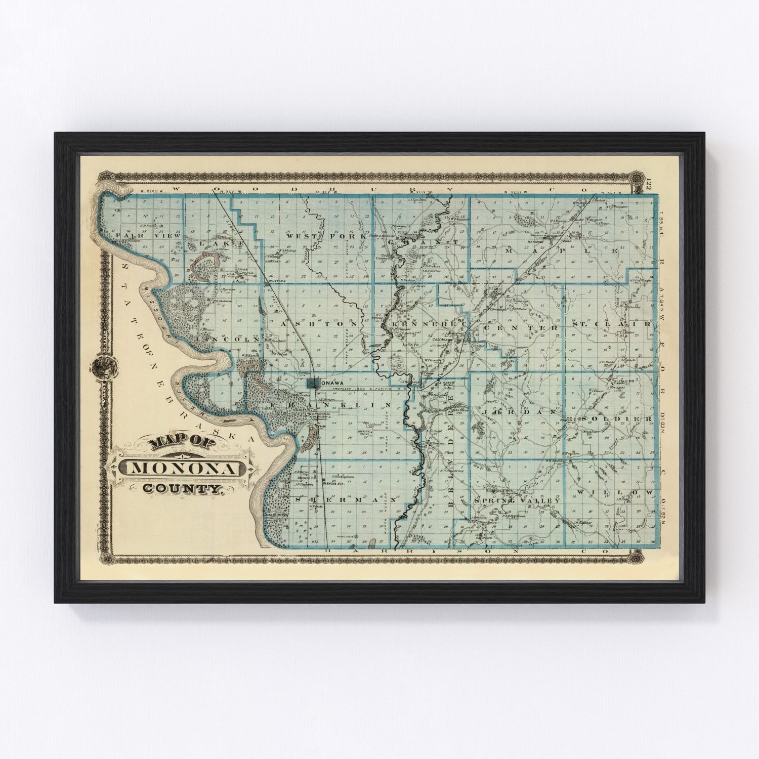 Vintage map of Monona County, Iowa, 1875