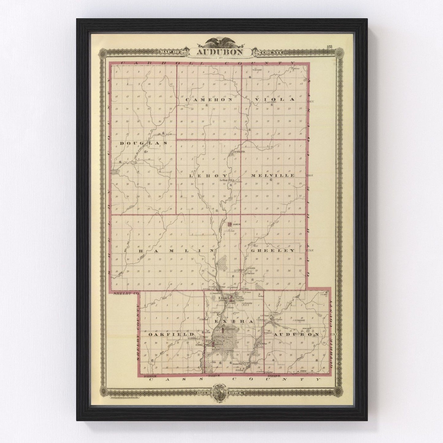 vintage map of Audubon County, Iowa, 1875, homestead era
