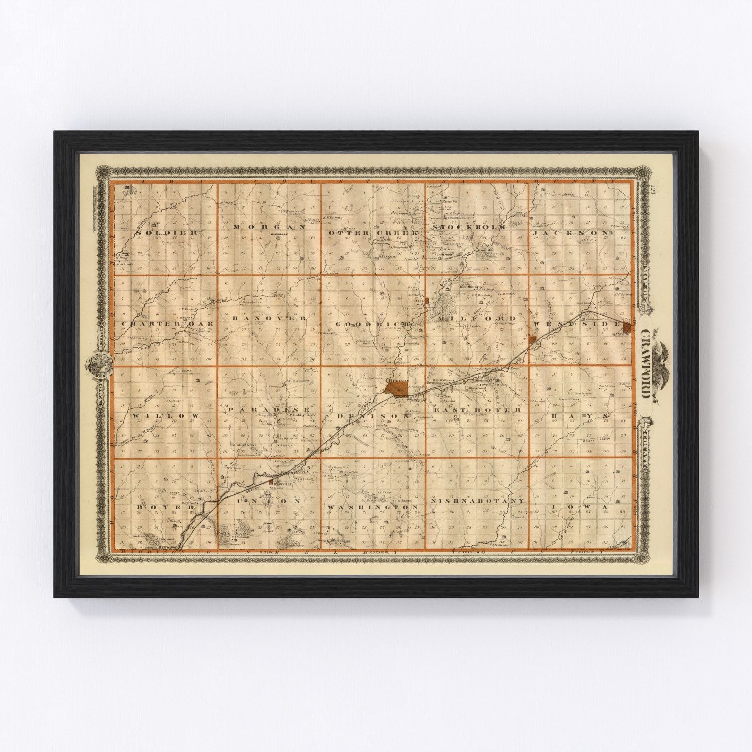 vintage map of Crawford County, Iowa, 1875