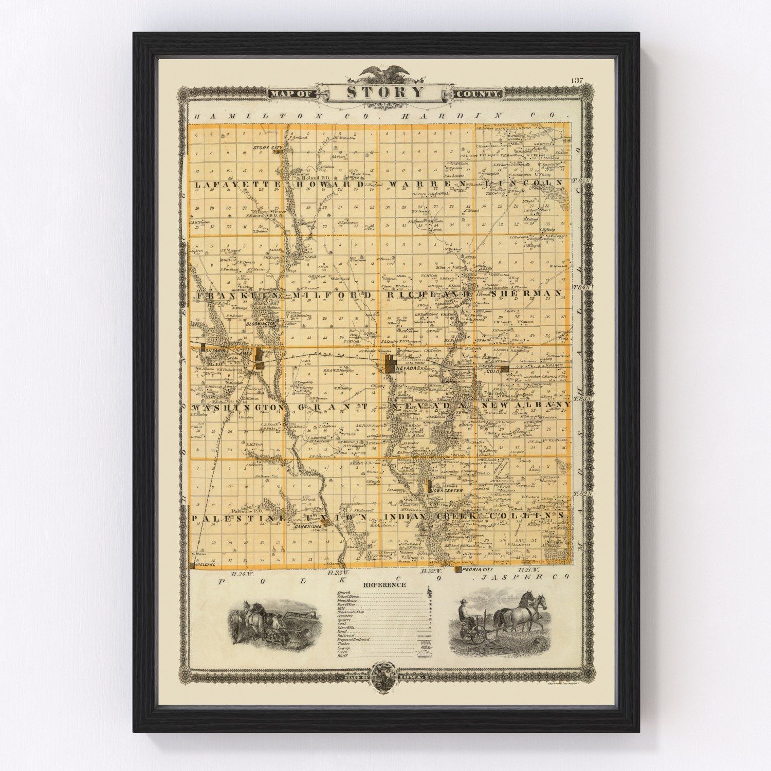 Vintage map of Story County, Iowa, 1875