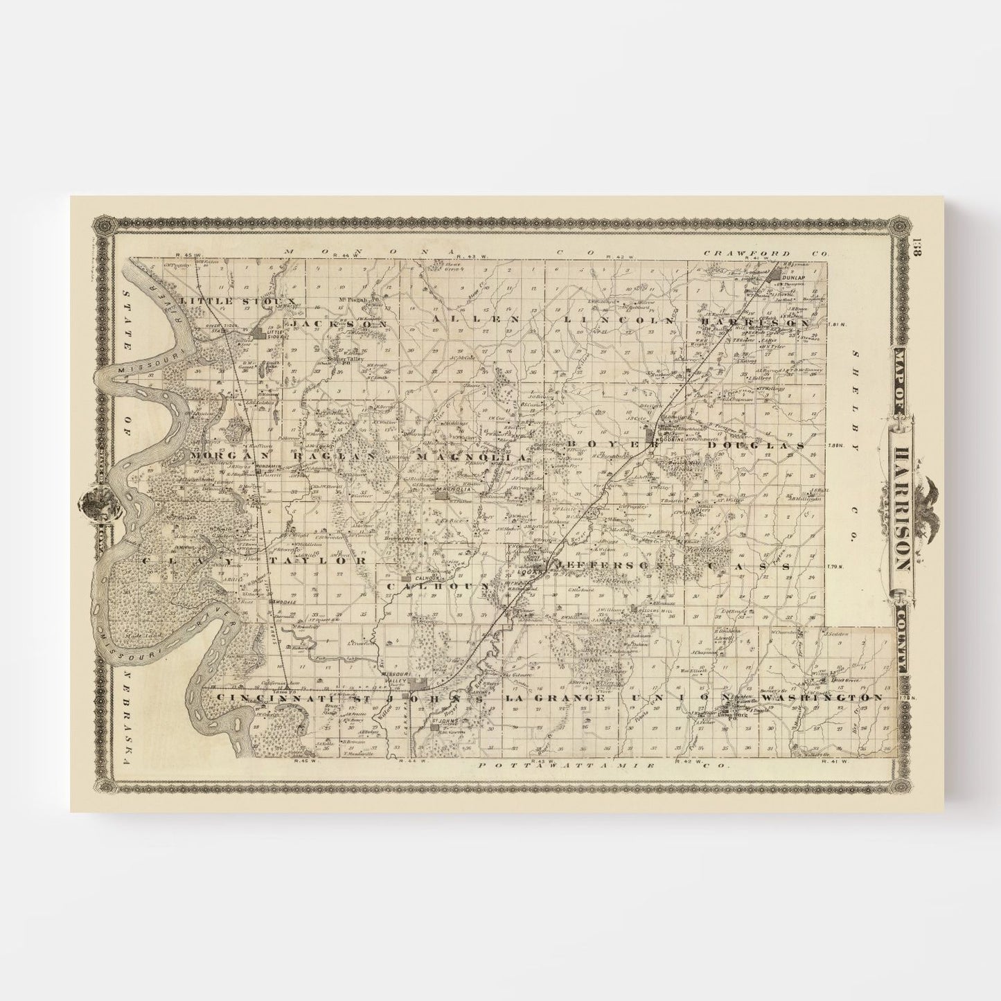 Vintage Map of Harrison County, Iowa, 1875