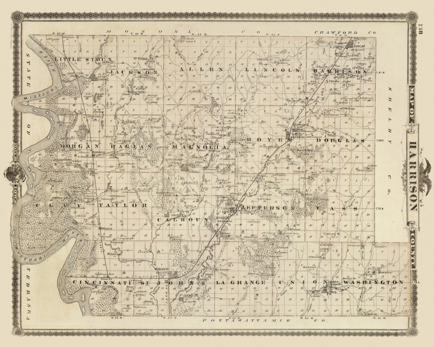Vintage Map of Harrison County, Iowa, 1875