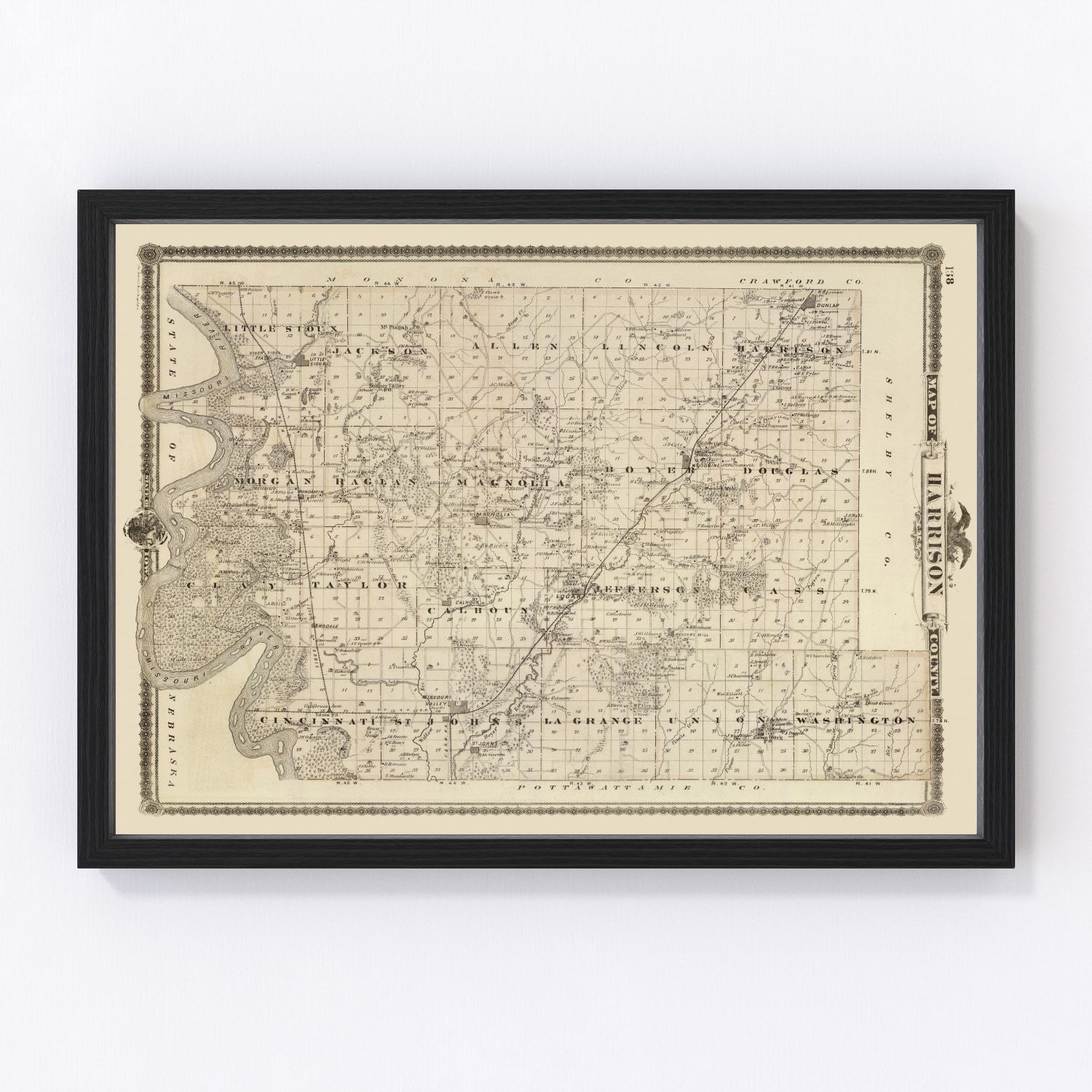 Vintage map of Harrison County, Iowa, 1875