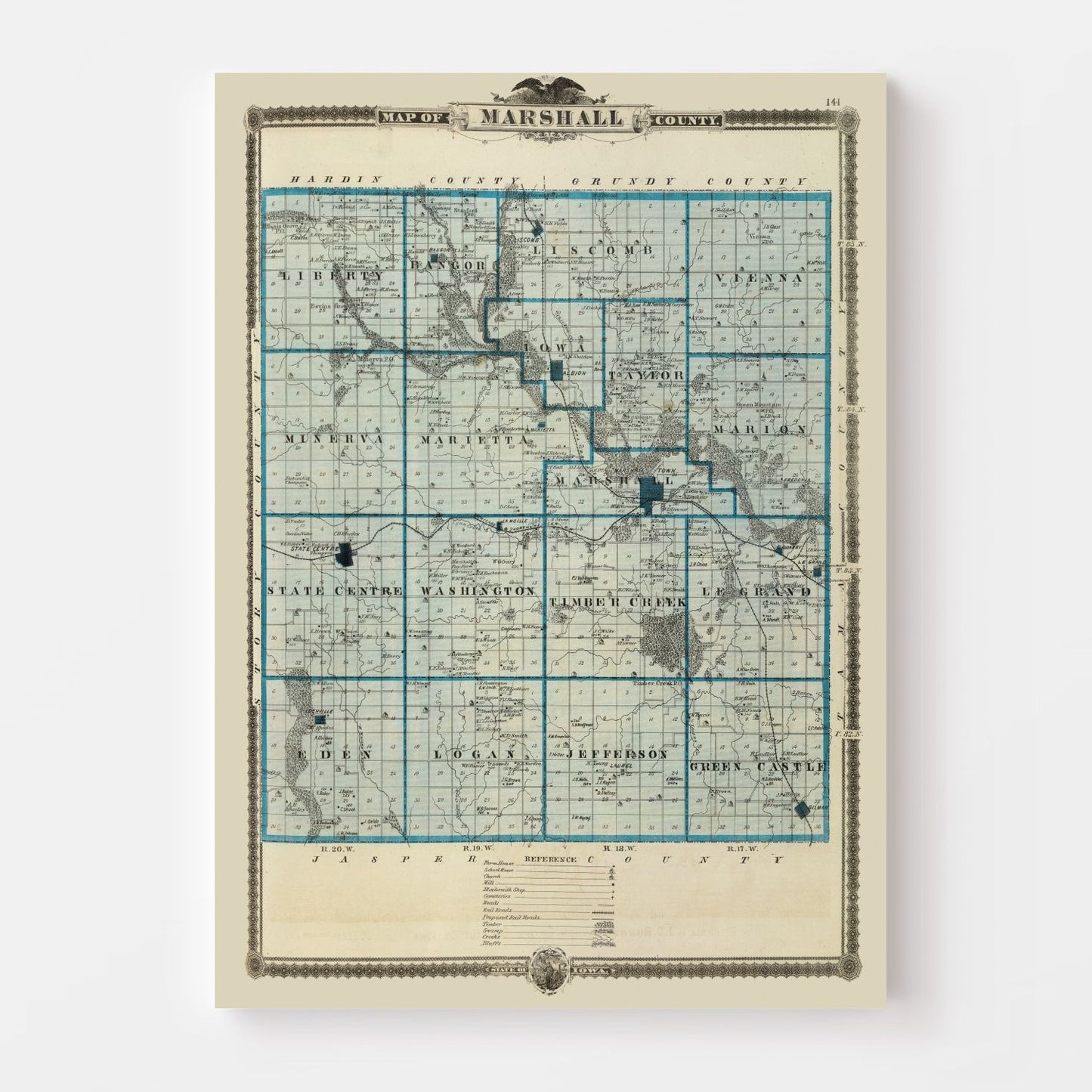 Vintage Map of Marshall County, Iowa, 1875