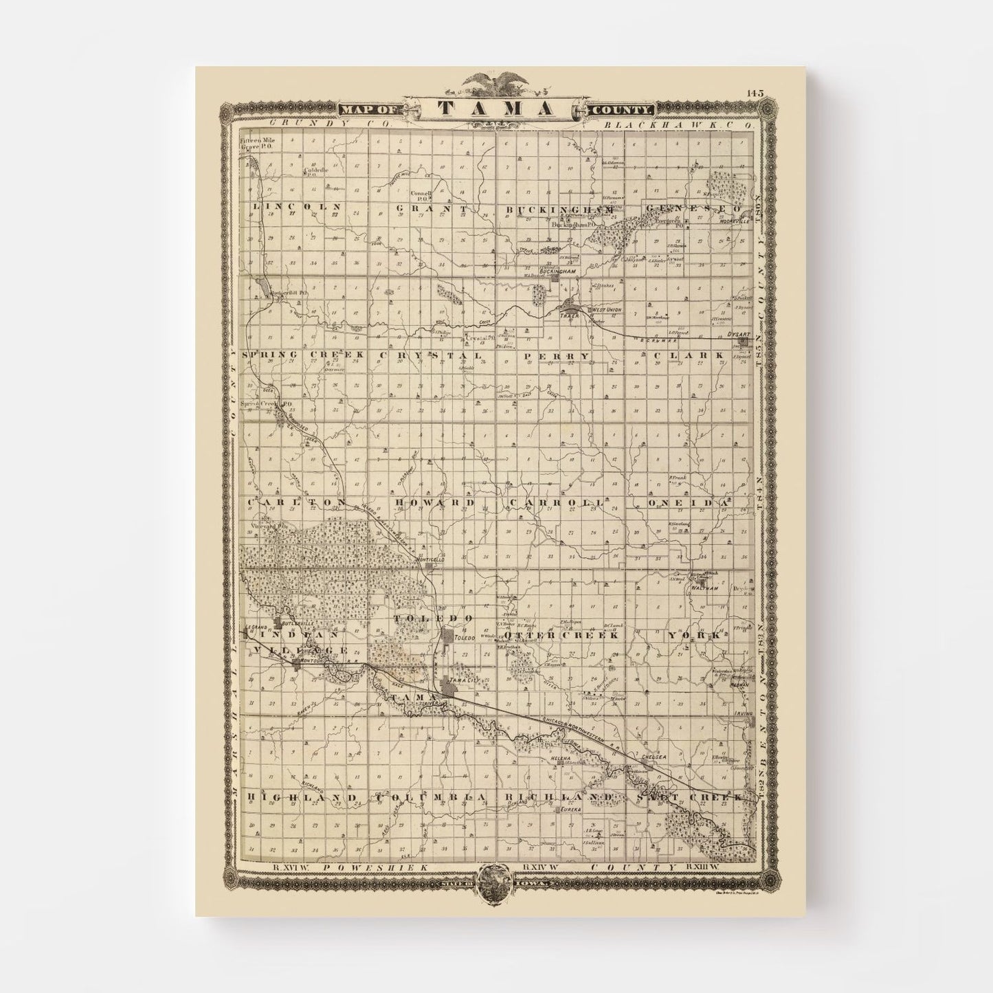 Vintage Map of Tama County, Iowa, 1875