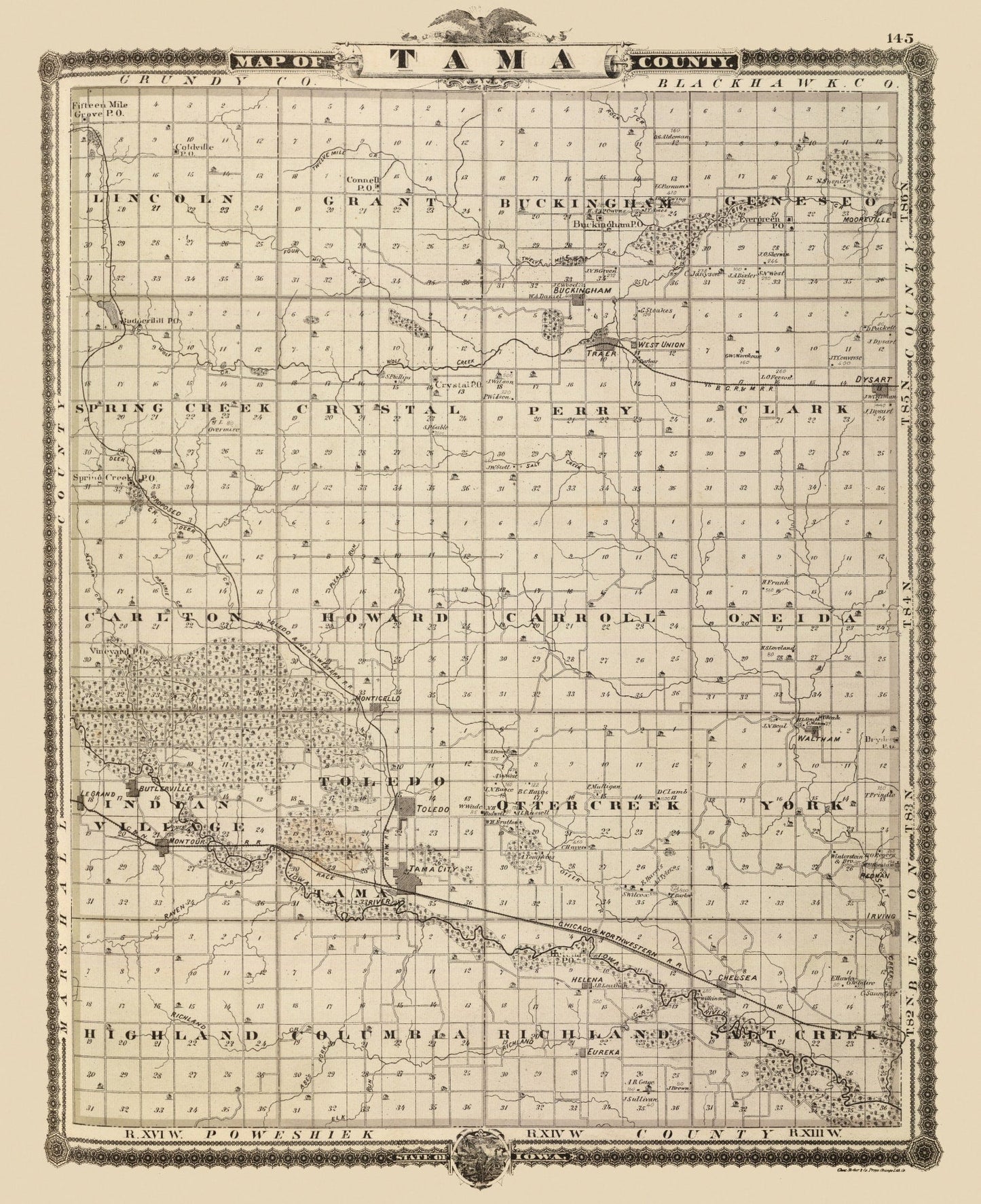 Vintage Map of Tama County, Iowa, 1875
