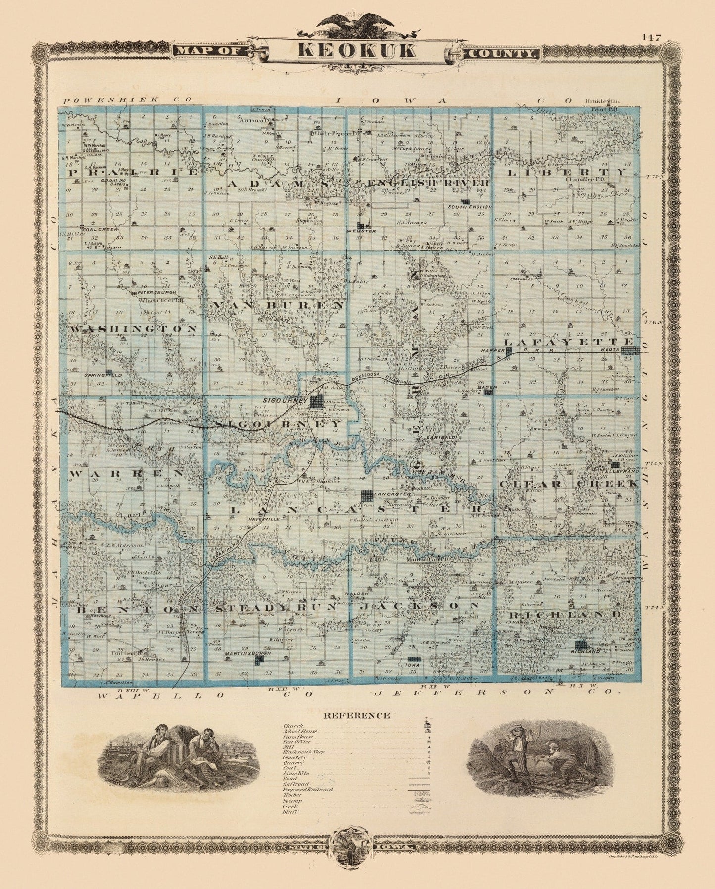 Vintage Map of Keokuk County, Iowa, 1875