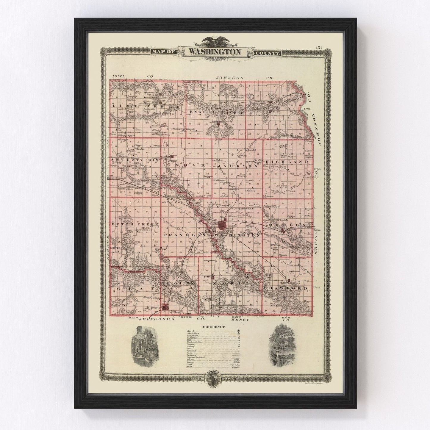 Vintage map of Washington County, Iowa, 1875, showing townships and farmsteads