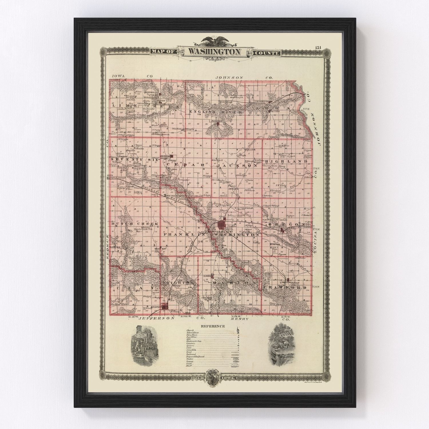 Vintage map of Washington County, Iowa, 1875, showing townships and farmsteads