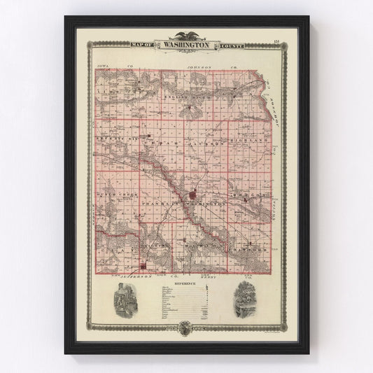 Vintage map of Washington County, Iowa, 1875, showing townships and farmsteads