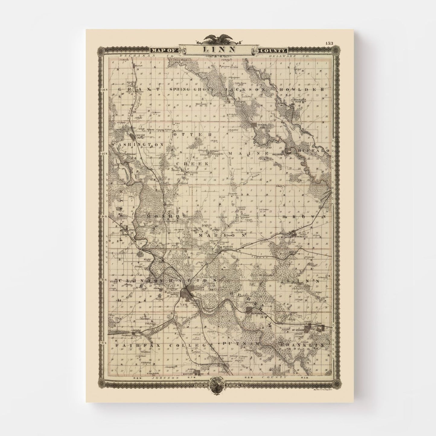 Vintage Map of Linn County, Iowa, 1875