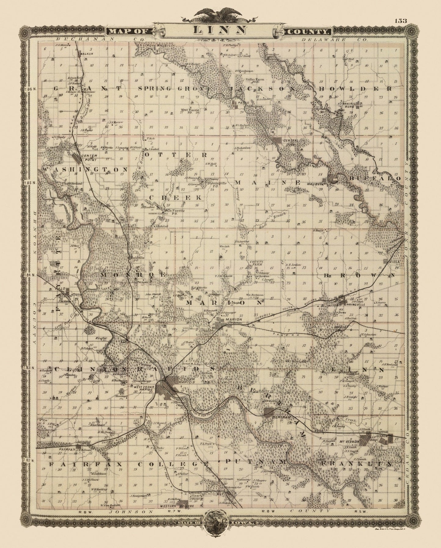 Vintage Map of Linn County, Iowa, 1875