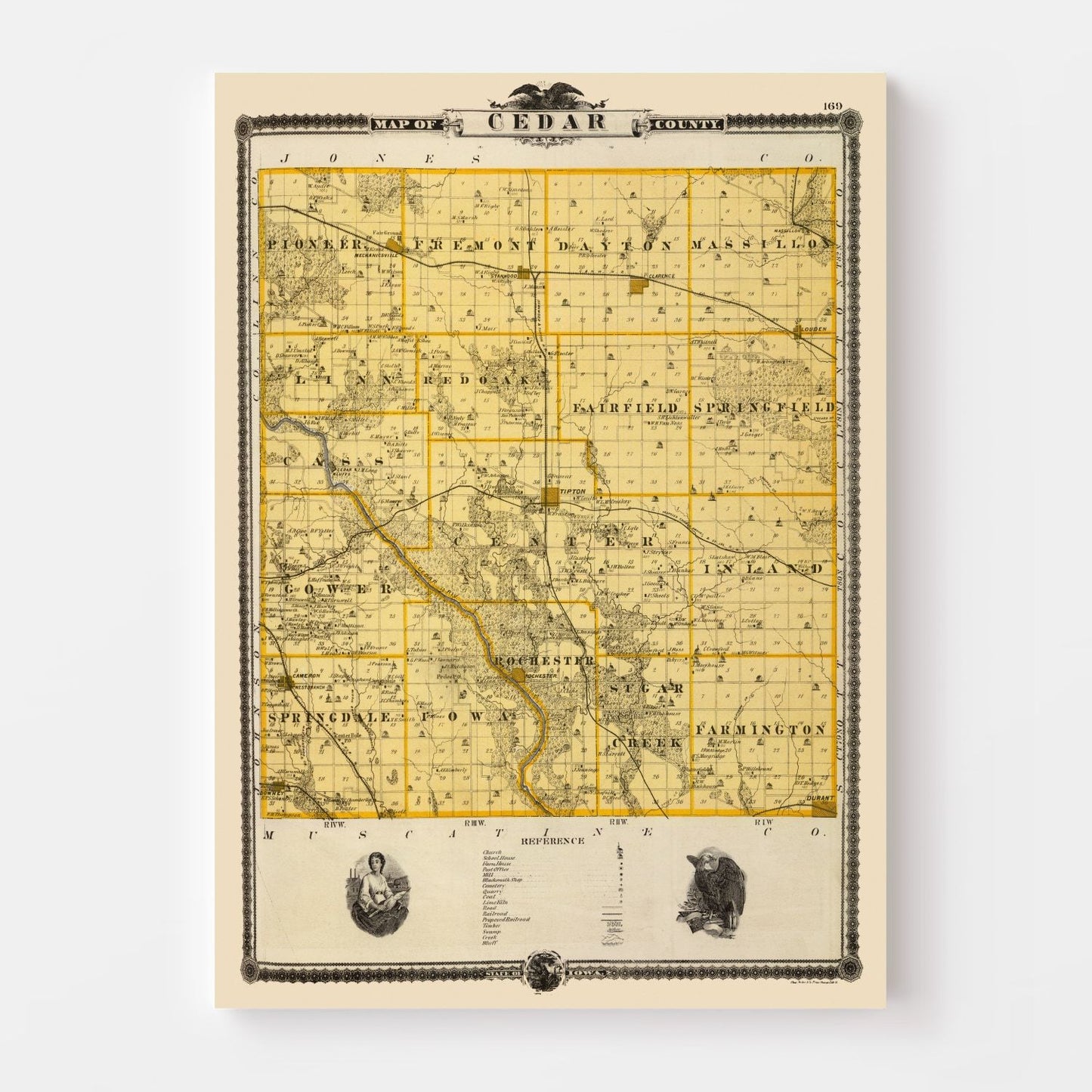 Vintage Map of Cedar County, Iowa, 1875