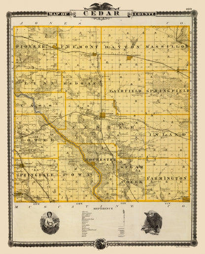Vintage Map of Cedar County, Iowa, 1875