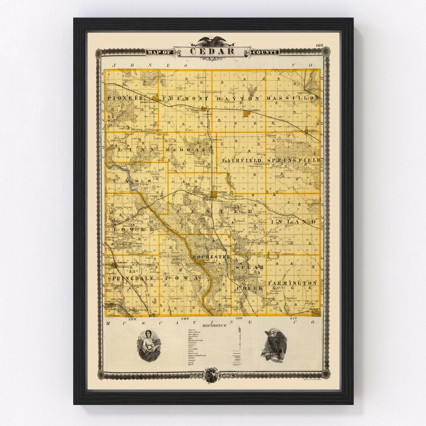 Vintage map of Cedar County, Iowa, 1875, restored vintage wall art print