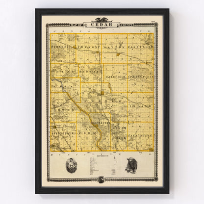 Vintage map of Cedar County, Iowa, 1875, restored vintage wall art print