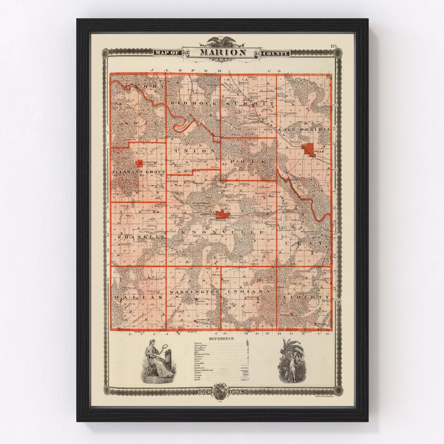 vintage map of Marion County, Iowa, Pella and Knoxville, 1875