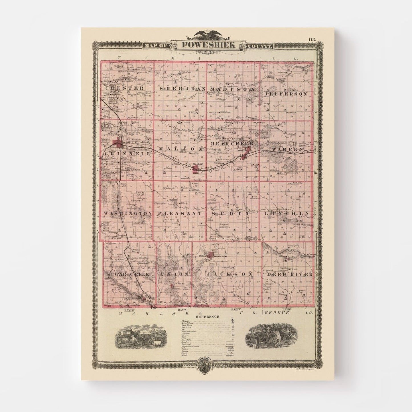 Vintage Map of Poweshiek County, Iowa, 1875