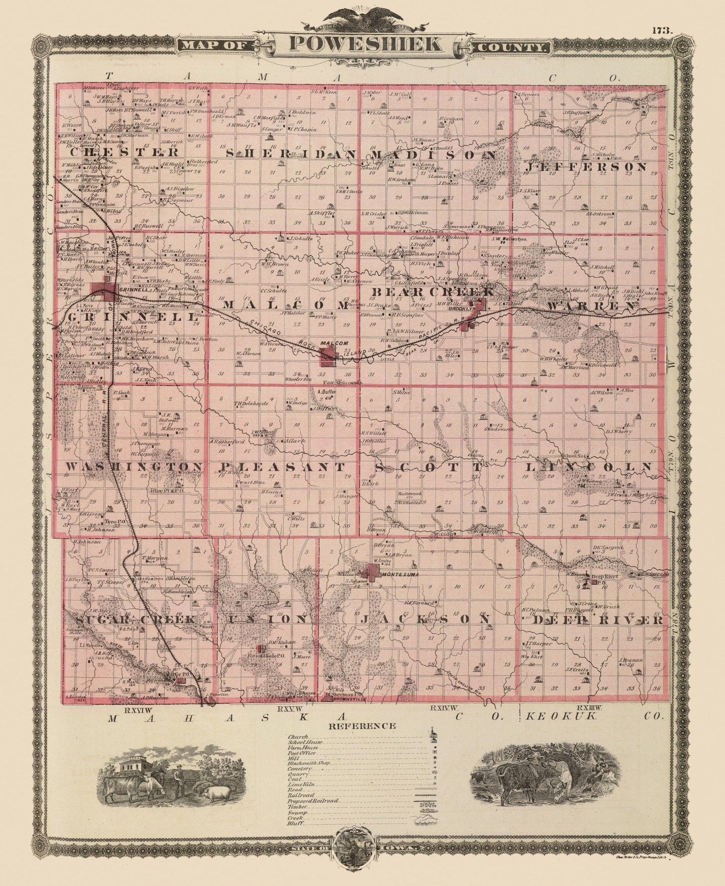 Vintage Map of Poweshiek County, Iowa, 1875