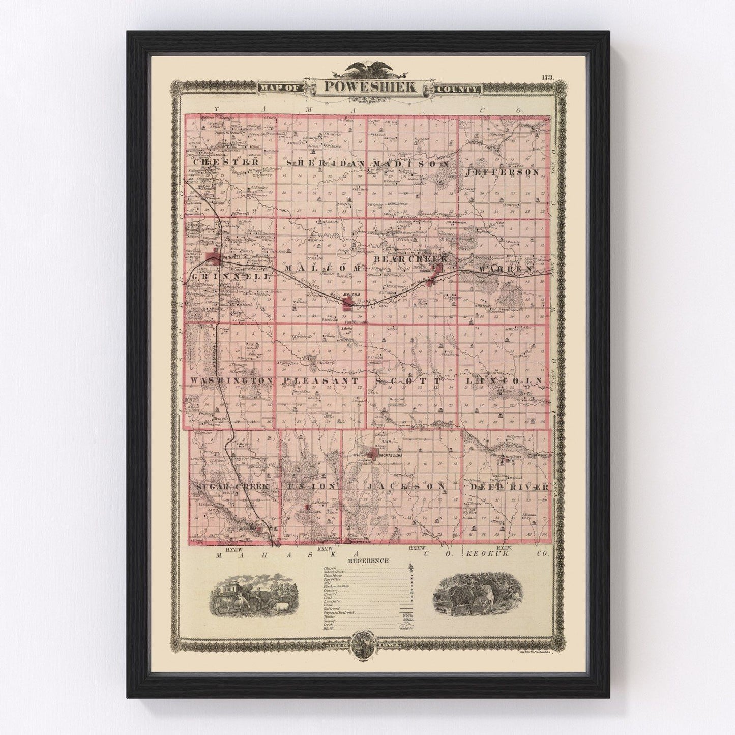 Vintage map of Poweshiek County, Iowa, 1875