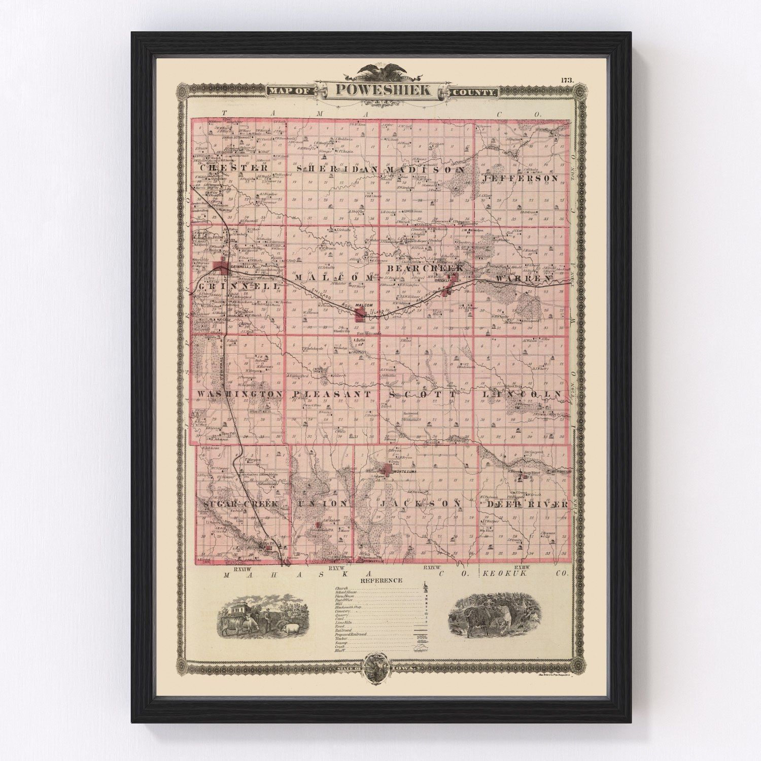 Vintage map of Poweshiek County, Iowa, 1875