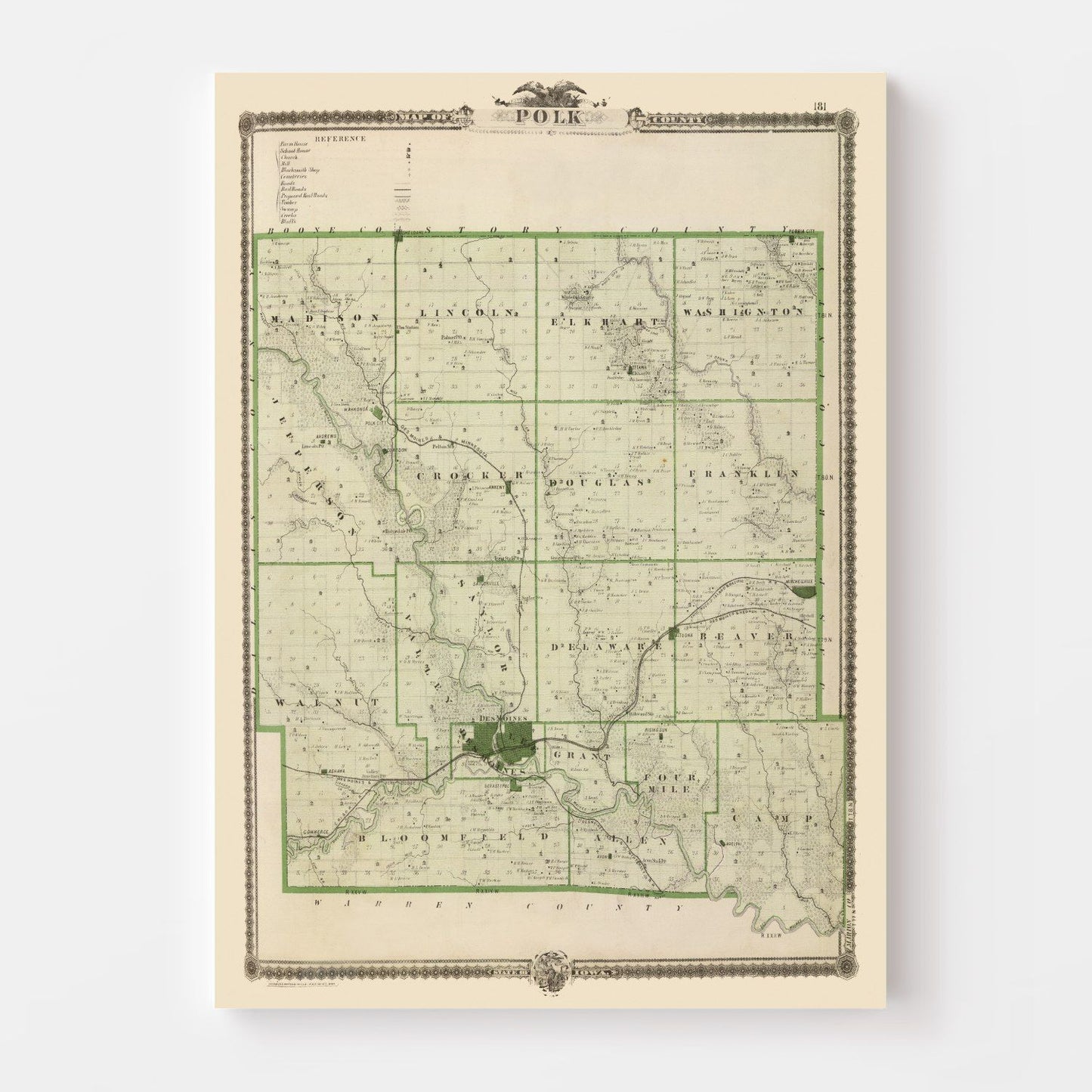 Vintage Map of Polk County, Iowa, 1875