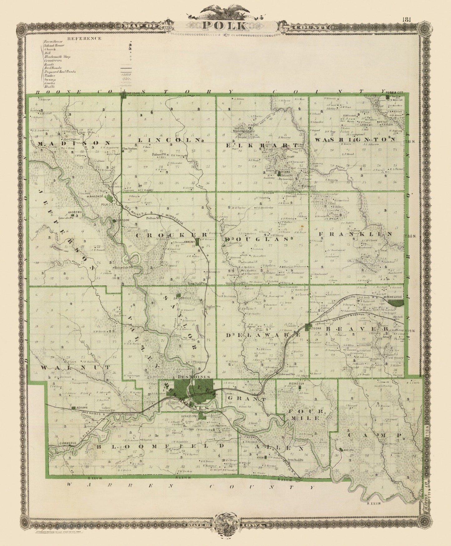 Vintage Map of Polk County, Iowa, 1875