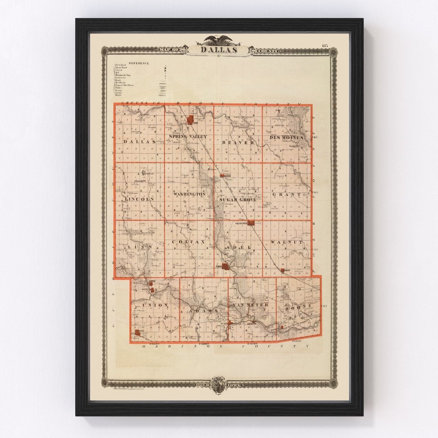 Vintage map of Dallas County, Iowa, 1875