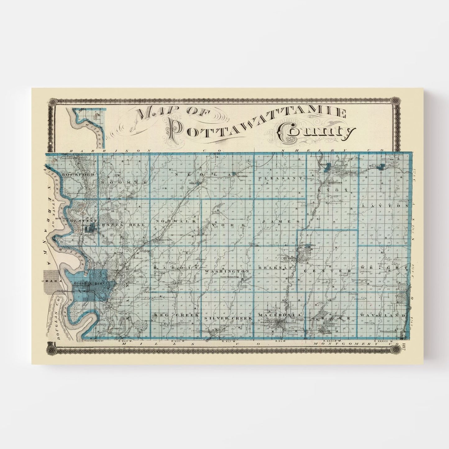 Vintage Map of Pottawattamie County, Iowa, 1875