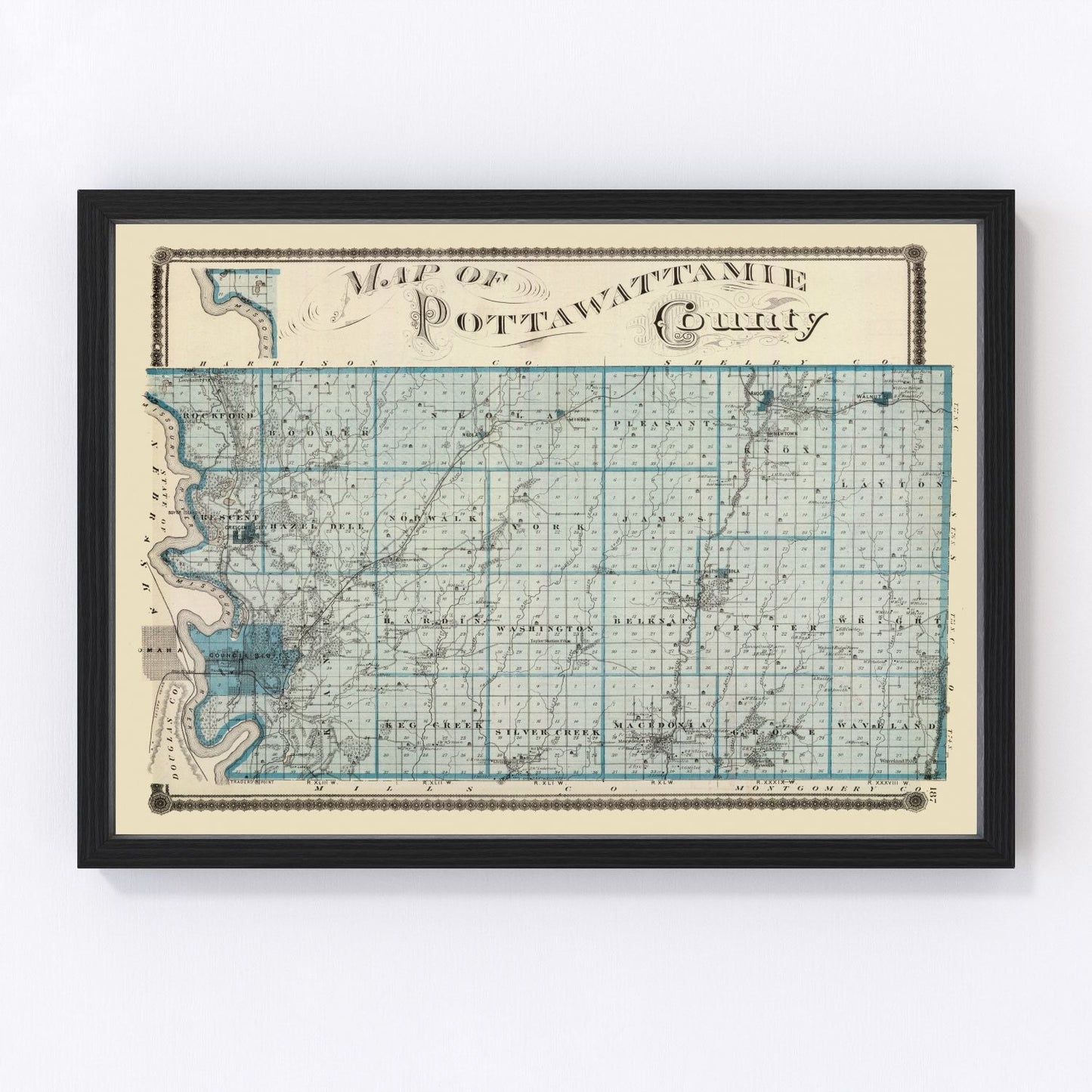 Vintage map of Pottawattamie County, Iowa, 1875