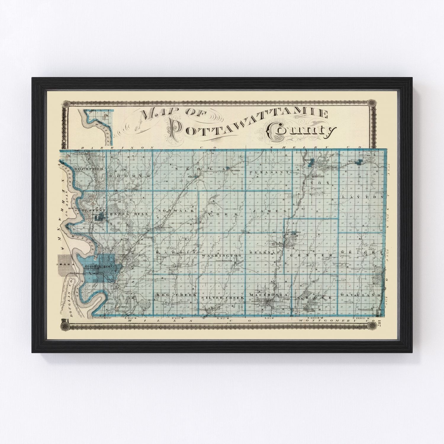 Vintage map of Pottawattamie County, Iowa, 1875