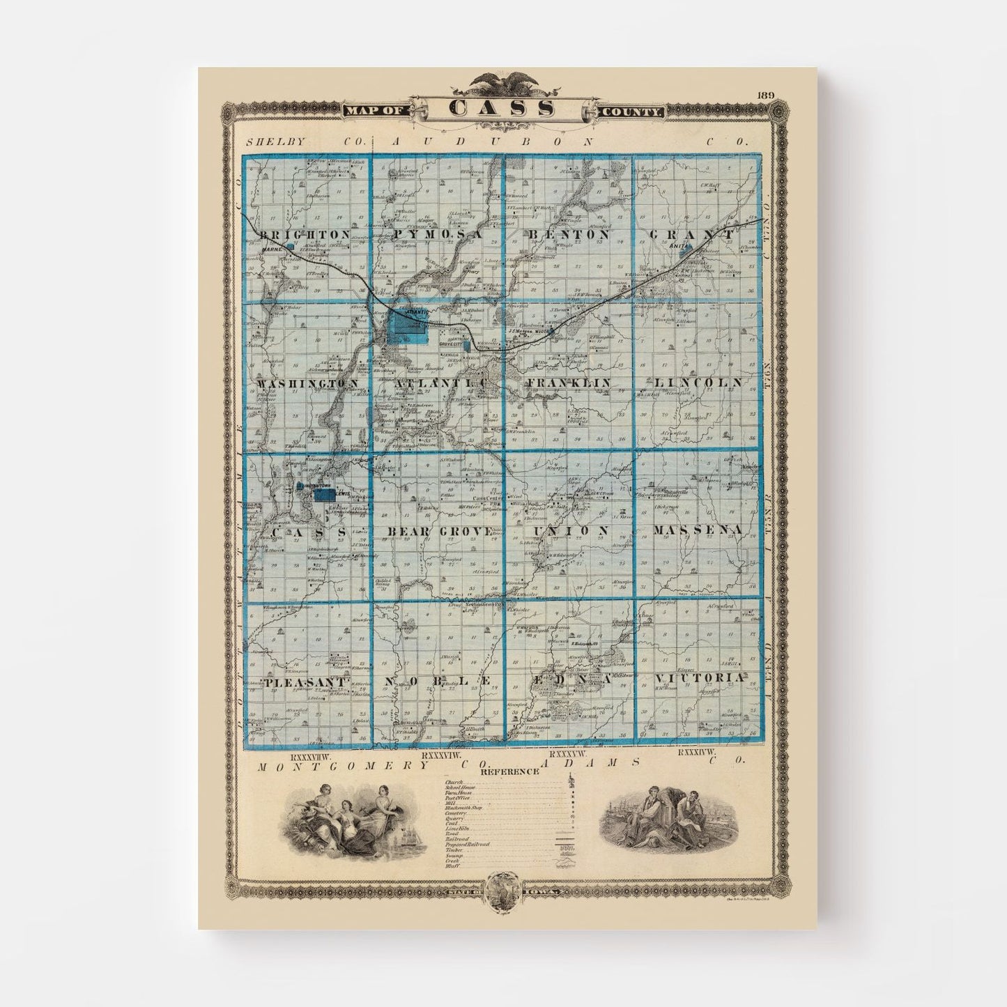 Vintage Map of Cass County, Iowa, 1875