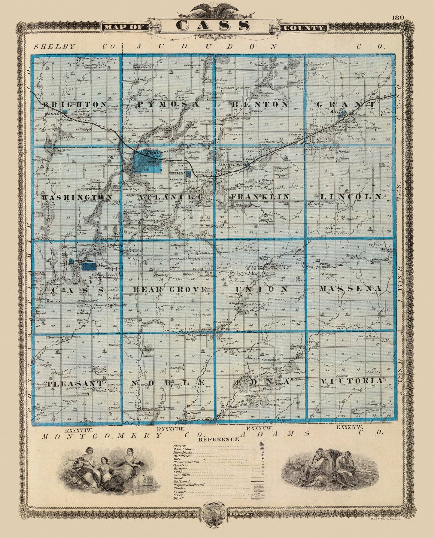 Vintage Map of Cass County, Iowa, 1875