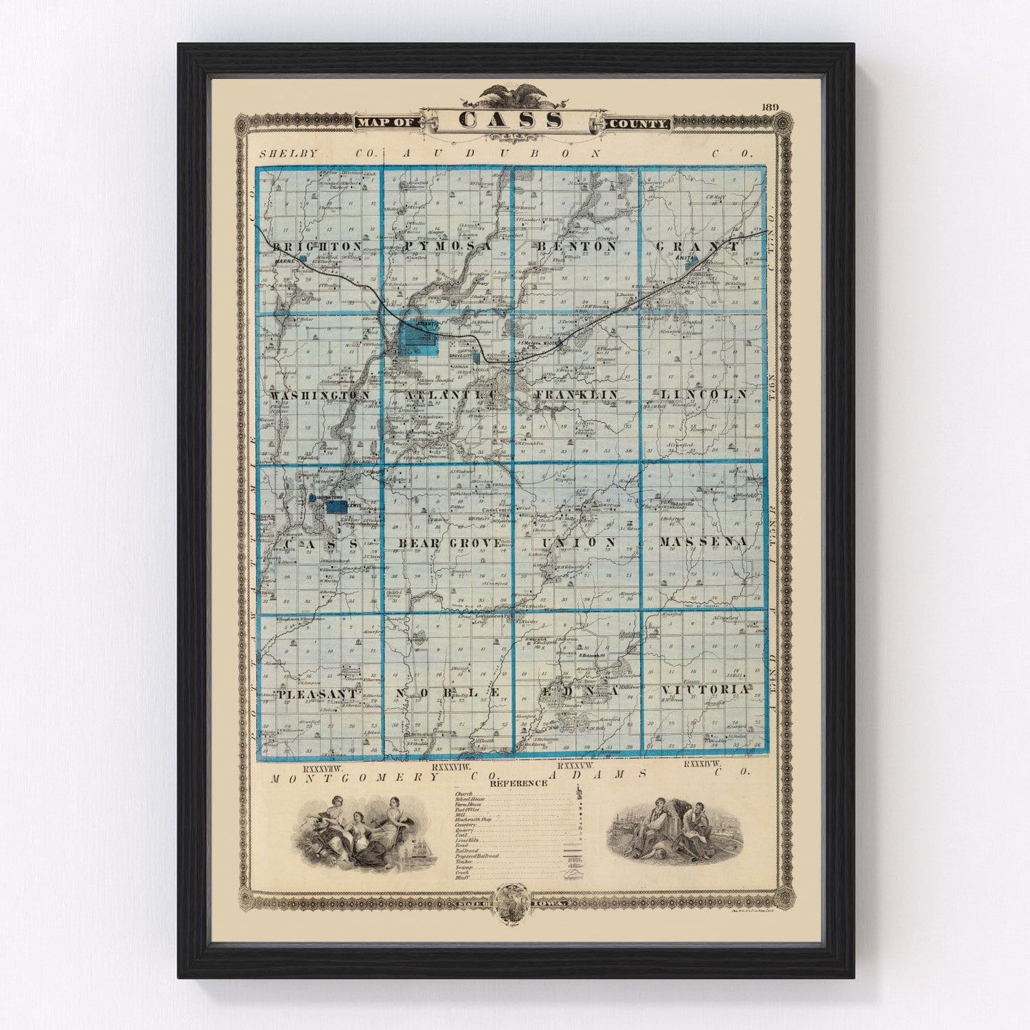 Vintage map of Cass County, Iowa, 1875, restored vintage wall art print