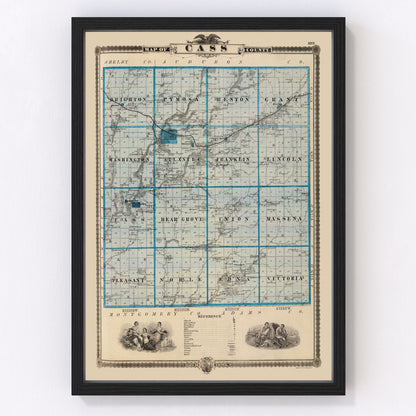 Vintage map of Cass County, Iowa, 1875, restored vintage wall art print