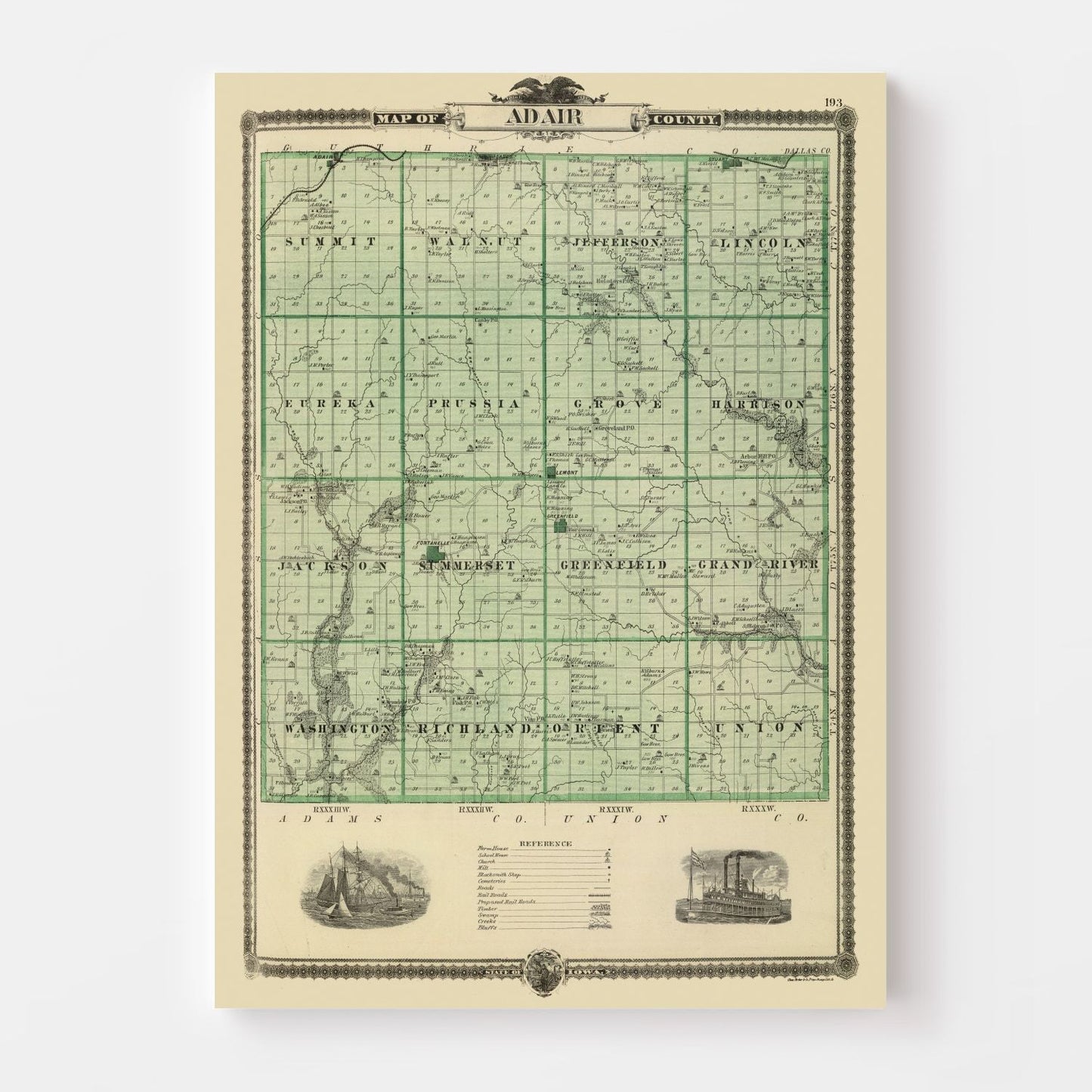 Vintage Map of Adair County, Iowa, 1875