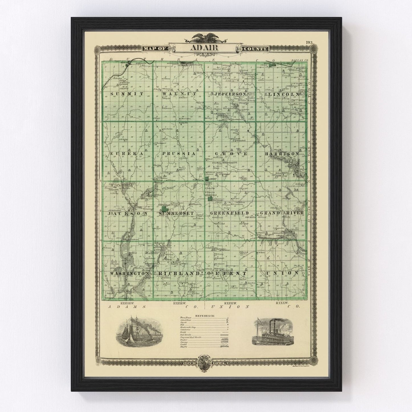 Vintage map of Adair County, Iowa, 1875 - restored post-Civil War county atlas print