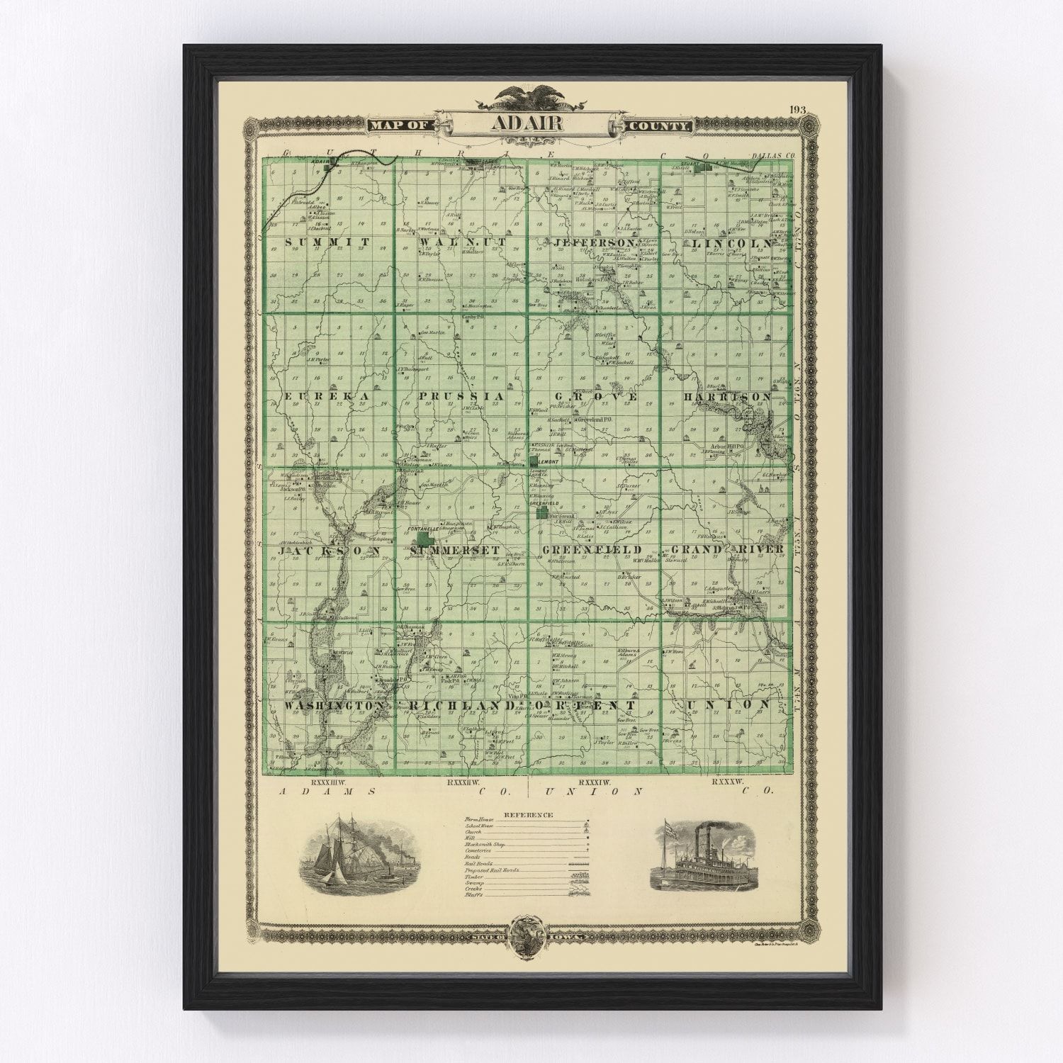 Vintage map of Adair County, Iowa, 1875 - restored post-Civil War county atlas print