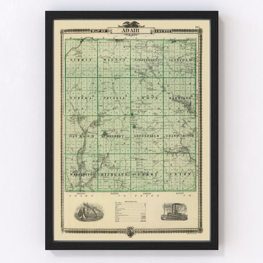 Vintage map of Adair County, Iowa, 1875 - restored post-Civil War county atlas print