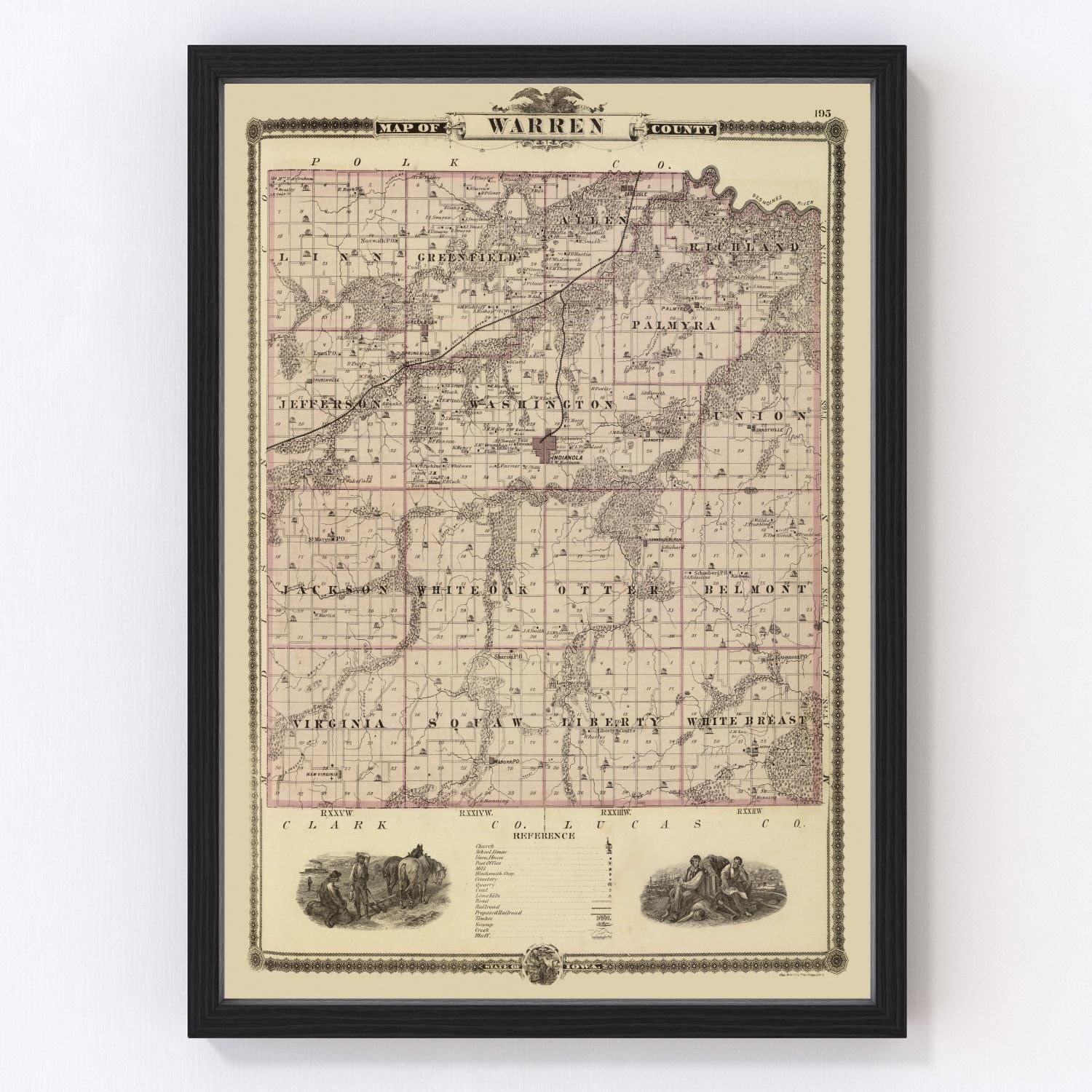 Vintage map of Warren County, Iowa, 1875, digitally restored