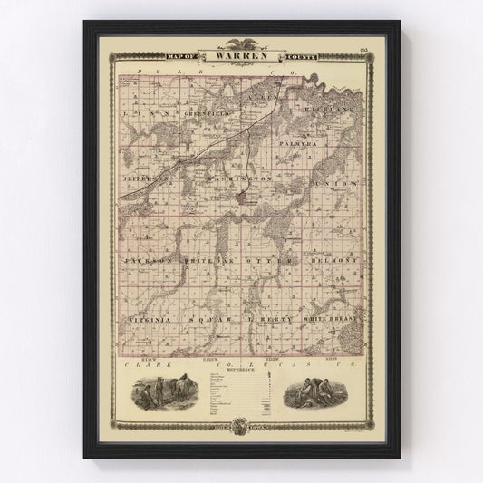 Vintage map of Warren County, Iowa, 1875, digitally restored