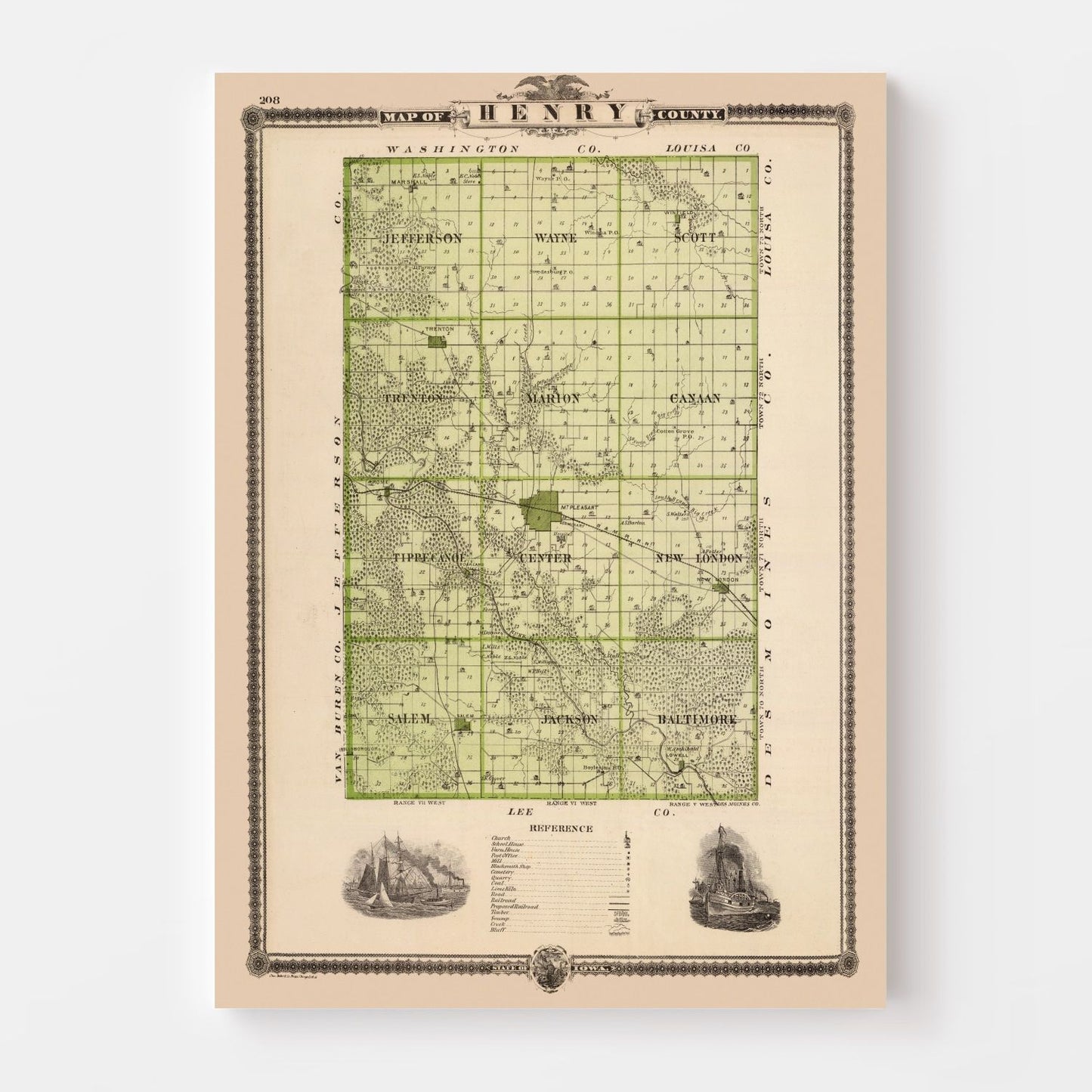 Vintage Map of Henry County, Iowa, 1875