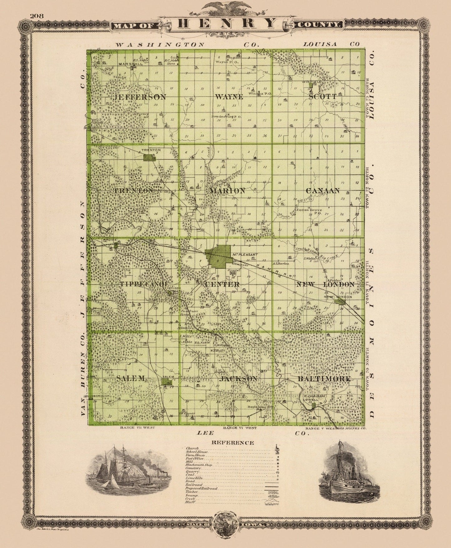 Vintage Map of Henry County, Iowa, 1875